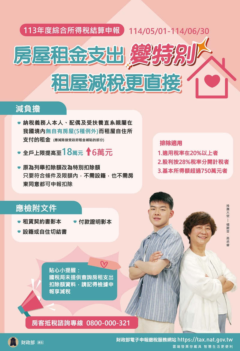 房屋租金支出變特別，租屋減稅更直接 文宣