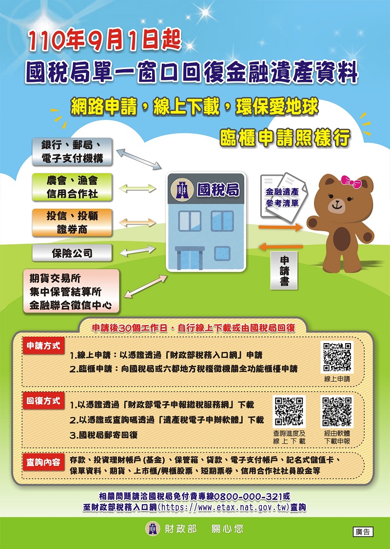 110年9月1日起，國稅局單一窗口回復金融遺產資料：網路申請，線上下載，環保愛地球  臨櫃申請照樣行文宣