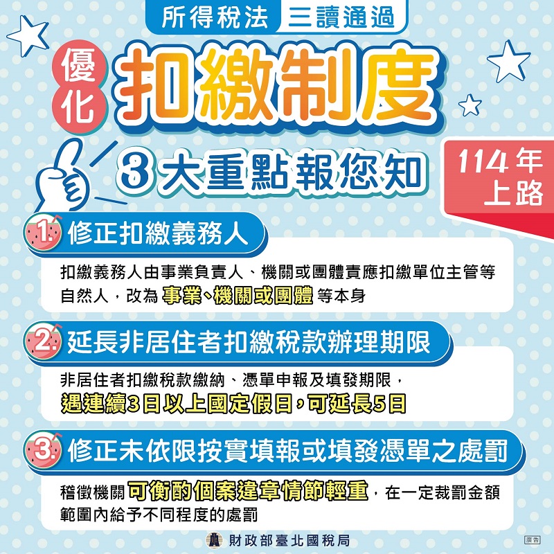 114年上路優化扣繳制度 3大重點報您知：1.修正扣繳義人 2.延長非居住者扣繳稅款辦理期限 3.修正未依限按實填報或填發憑單之處罰