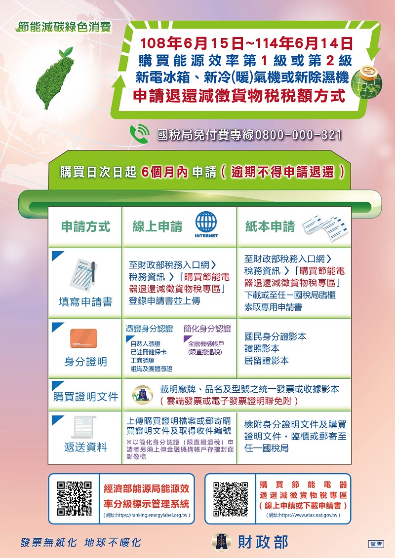 購買節能電器申請退還減徵貨物稅之適用期間再延長2年，至114年6月14日止文宣DM，共2張